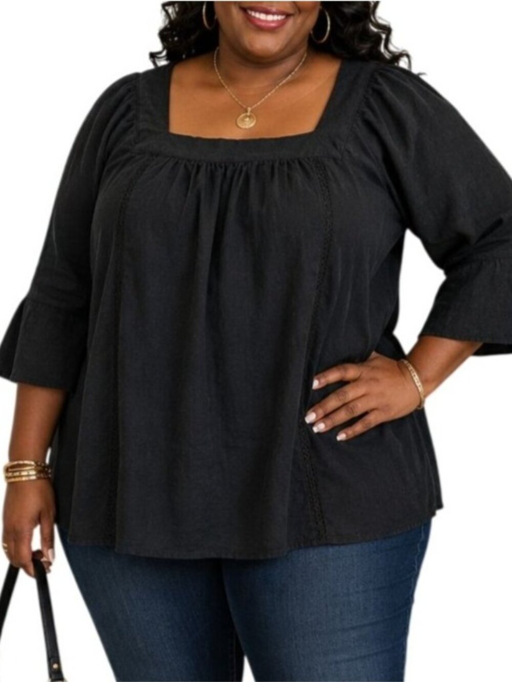 Time And Tru Size XXL Top Black Bell Sleeve Peasant Top Square Neck